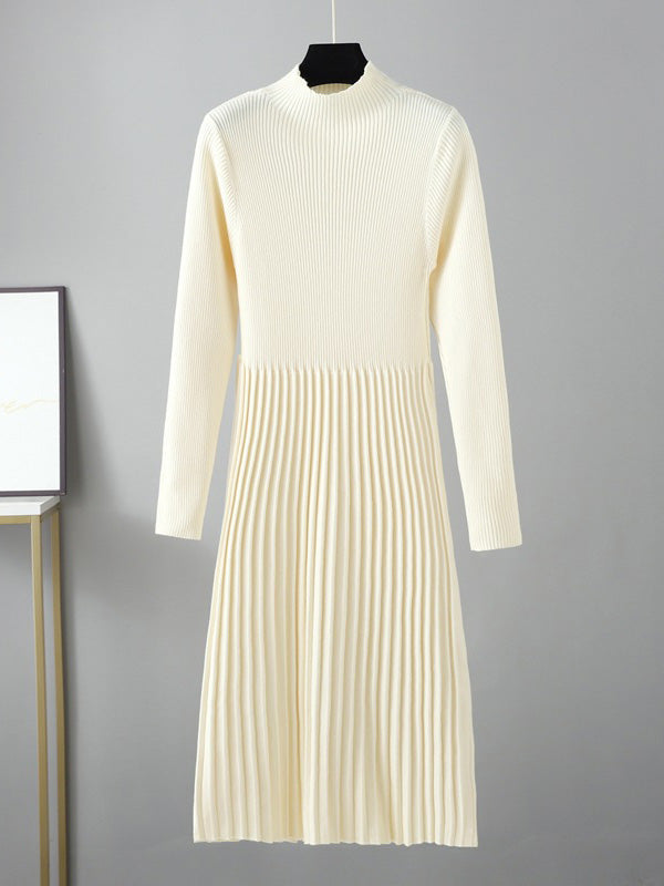 Robes pull élégantes à manches longues, taille haute plissée, couleur unie, demi-col roulé