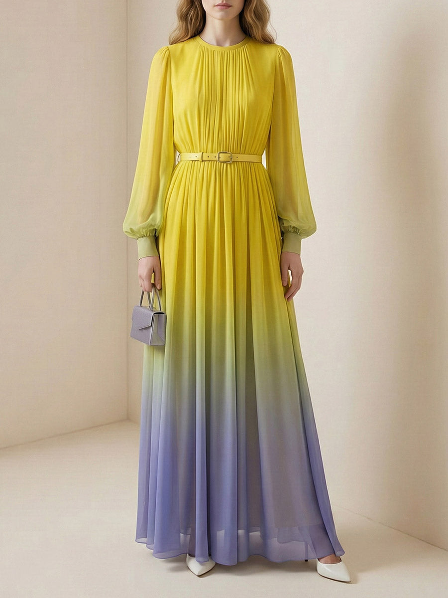 Robe longue plissée taille haute, à manches longues, avec ceinture, en dégradé, à empiècements, à col rond, couleur contrastée