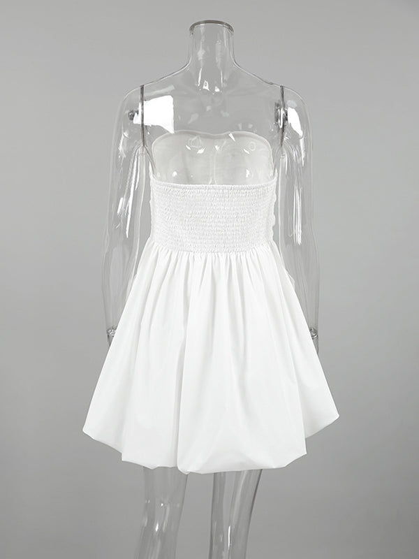 Robe courte plissée coupe trapèze, taille haute, à taille élastique, à poches, bustier, couleur unie