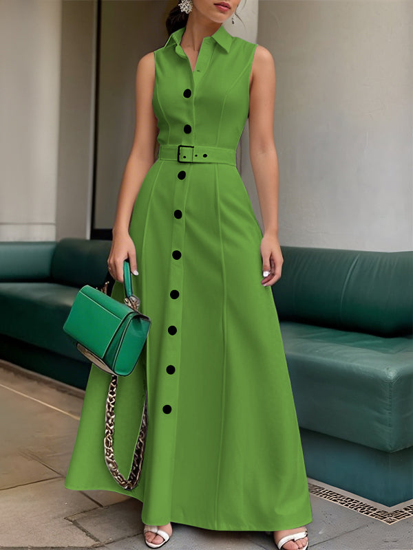 Robe longue boutonnée coupe trapèze, taille haute, avec ceinture, à col revers, couleur unie