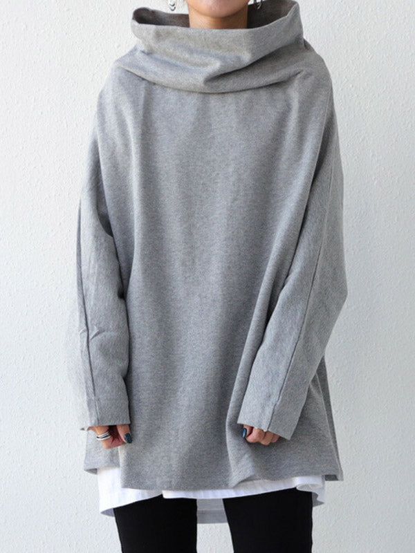 T-shirt urbain noir gris à col haut, à manches longues, oversize