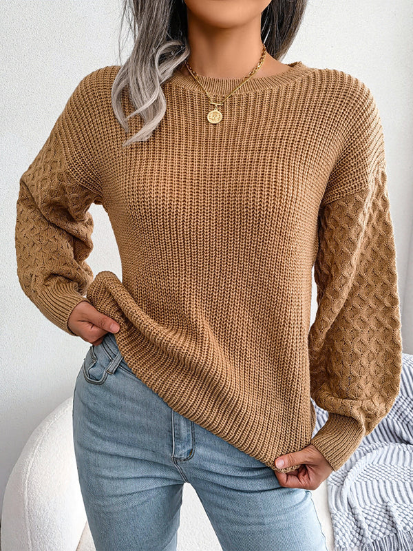 Pull ample à manches longues en tricot torsadé de couleur unie à col rond