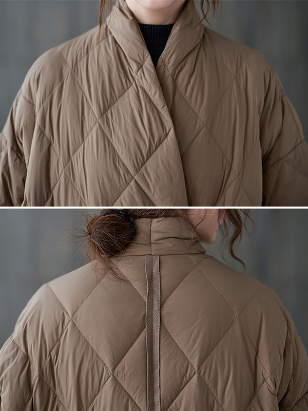 Manteau artistique boutonné matelassé vintage, rétro, à col montant, à manches longues, couleur unie