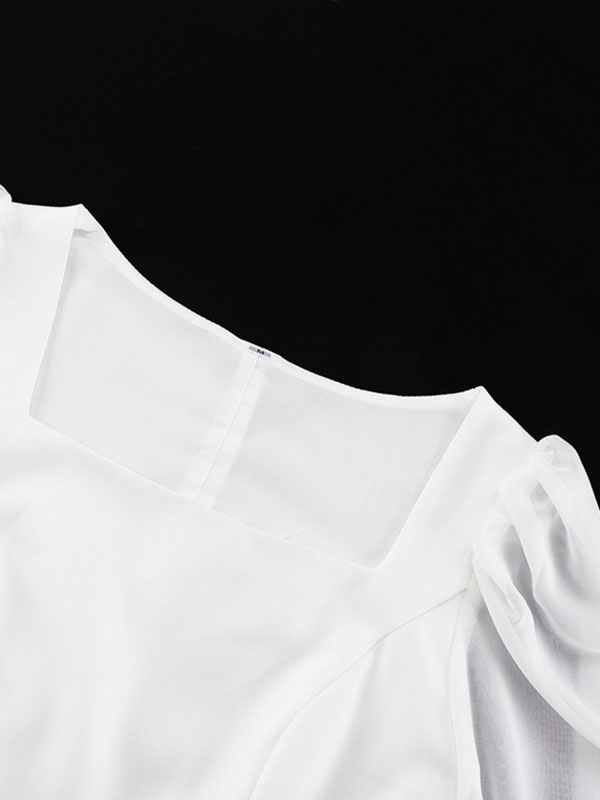 Robe longue plissée transparente à manches évasées, coupe près du corps, en gaze, à empiècements, à col carré, couleur unie
