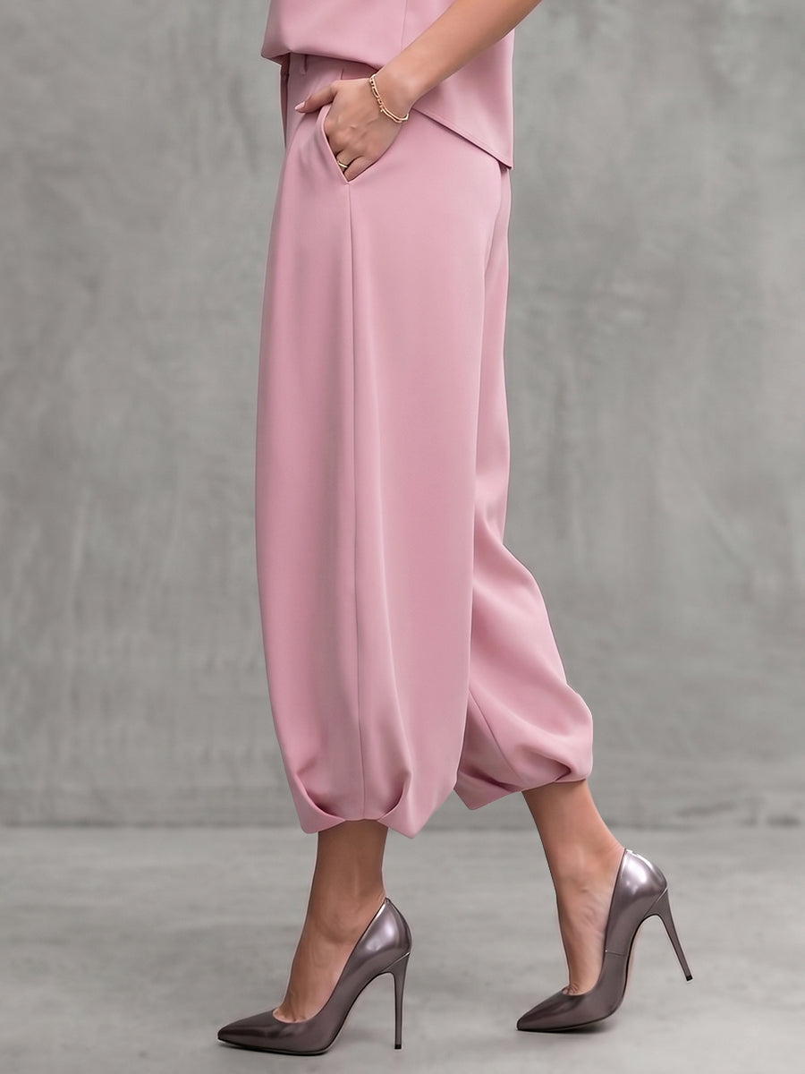 Pantalon court plissé taille haute, à poches, couleur unie