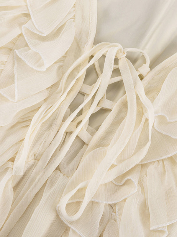 Robe courte nouée coupe trapèze, taille haute, à bordure volantée, à col en V, couleur unie