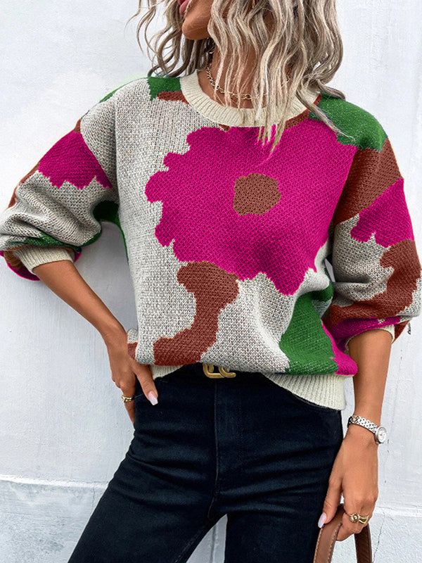 Pull ample asymétrique à manches bouffantes, à fleurs en tricot, à empiècements, à col rond