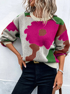 Pull ample asymétrique à manches bouffantes, à fleurs en tricot, à empiècements, à col rond