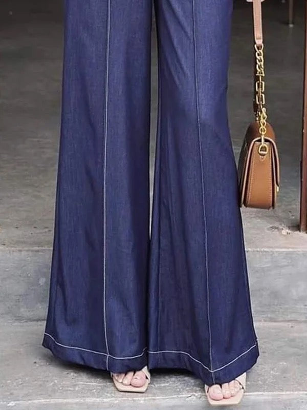 Pantalon ample taille haute, à taille élastique, à poches, couleur unie