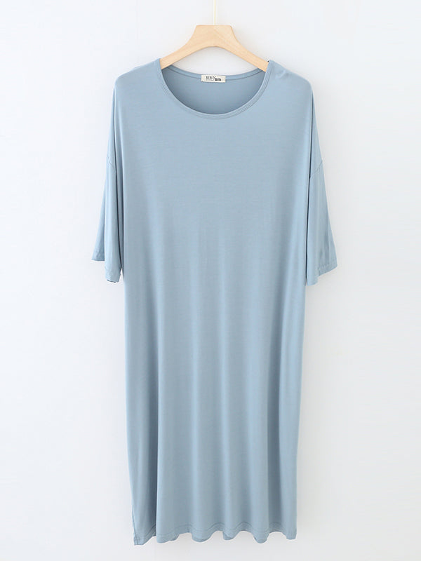 Robe de pyjama ample à taille haute, couleur unie, fendue, col rond