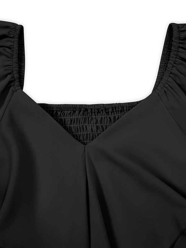Robe courte volantée à manches évasées, à manches mi-longues, à taille élastique, à empiècements, à taille nouée, à col en V, couleur unie