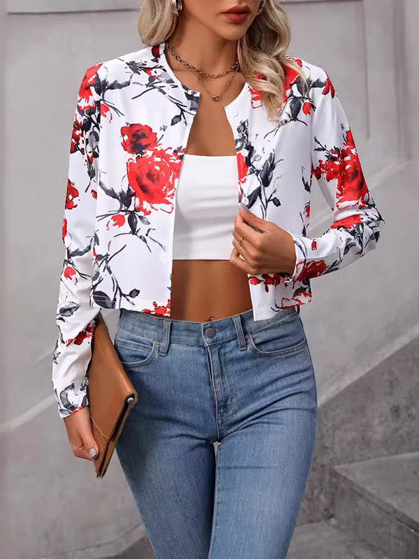 Blazer ample boutonné à manches longues, à imprimé floral, à empiècements, à col rond