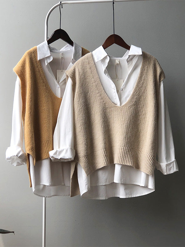 Gilet irrégulier à tricoter uni à col en V