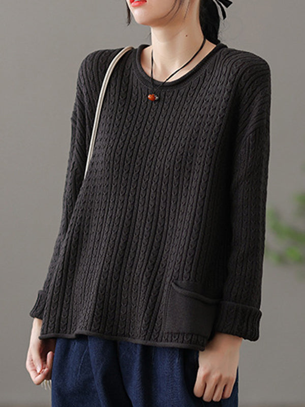 Pull artistique ample rétro, à manches longues, en jacquard, à col rond, couleur unie