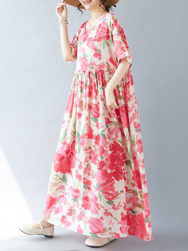 Robe mi-longue plissée coupe trapèze, à manches chauve-souris, à imprimé floral, à empiècements, à col rond