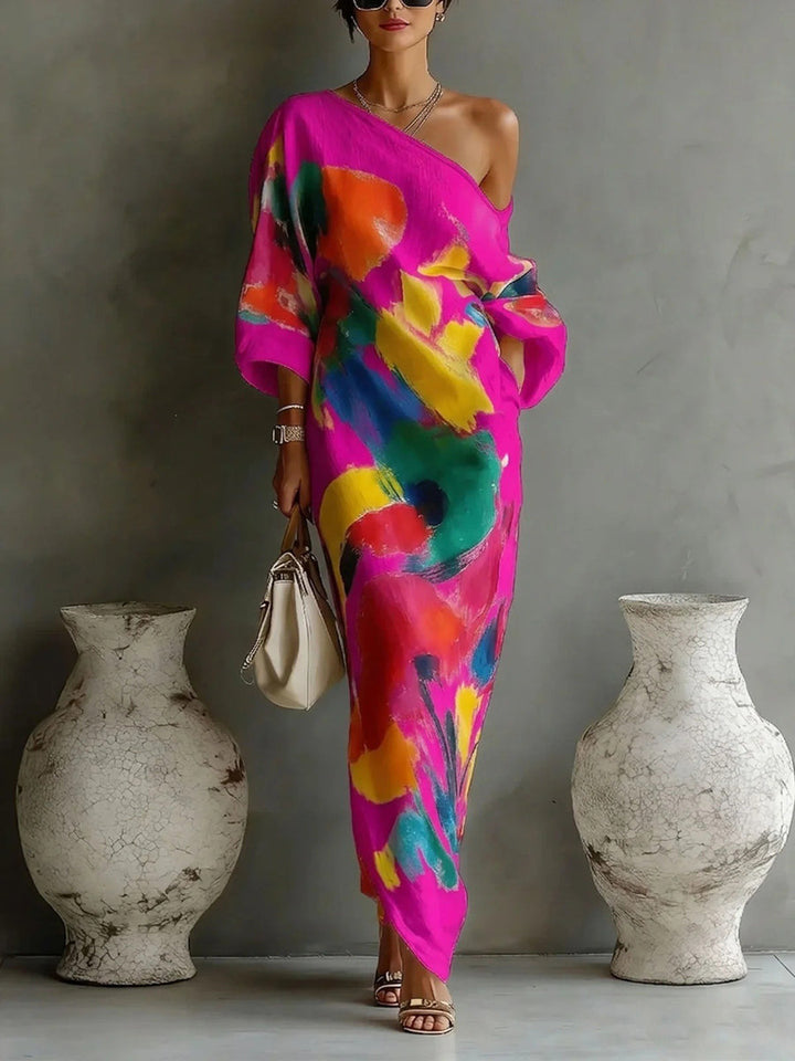 Robe longue ample asymétrique imprimée à manches longues, à poches, asymétrique à une épaule, couleur contrastée
