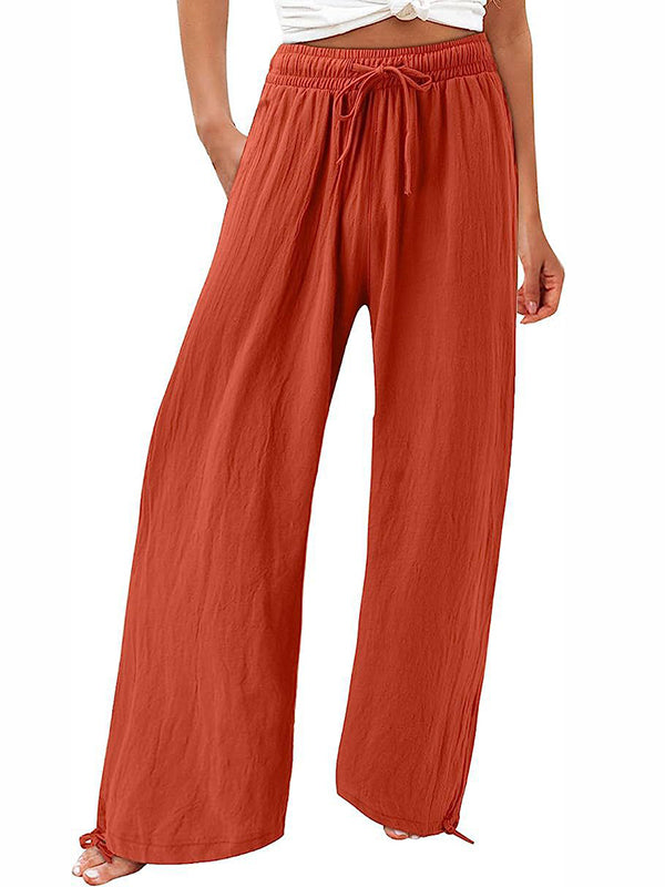 Pantalon ample à jambes larges, à cordon de serrage, à taille élastique, couleur unie