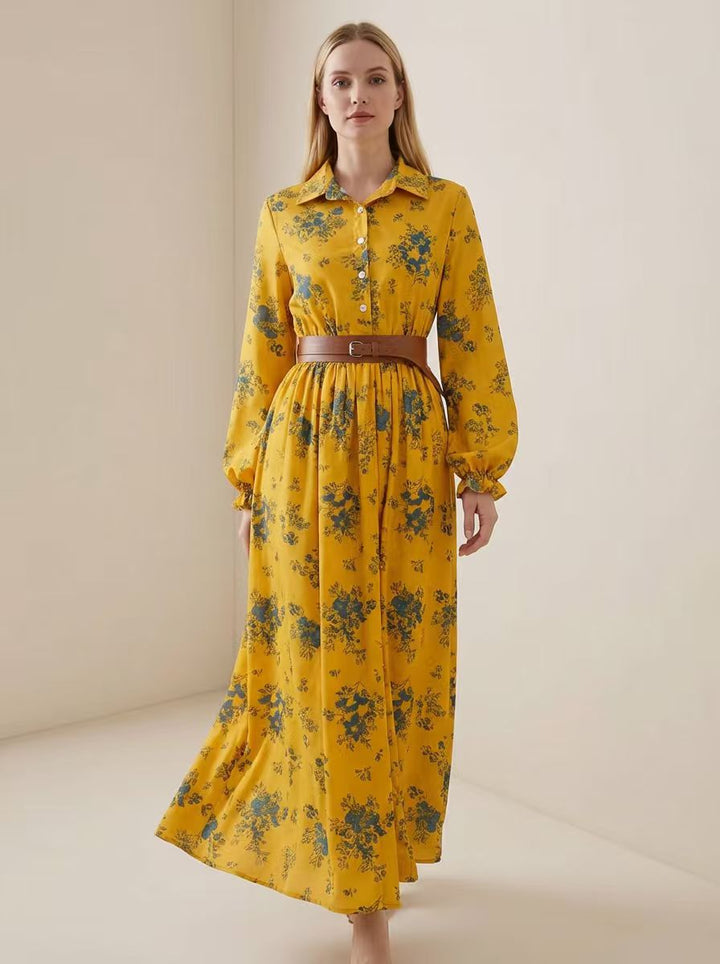 Robe chemise boutonnée plissée coupe trapèze, à taille élastique, avec ceinture, à imprimé floral, à empiècements, à col revers, couleur contrastée