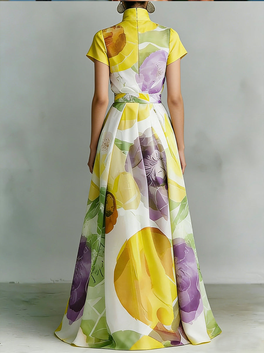 Robe longue ample plissée imprimée coupe trapèze, à poches, à fermeture éclair, à col montant