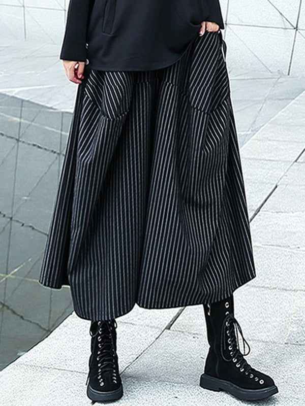 Pantalon jupe-culotte rayé taille haute avec poches élastiques amples