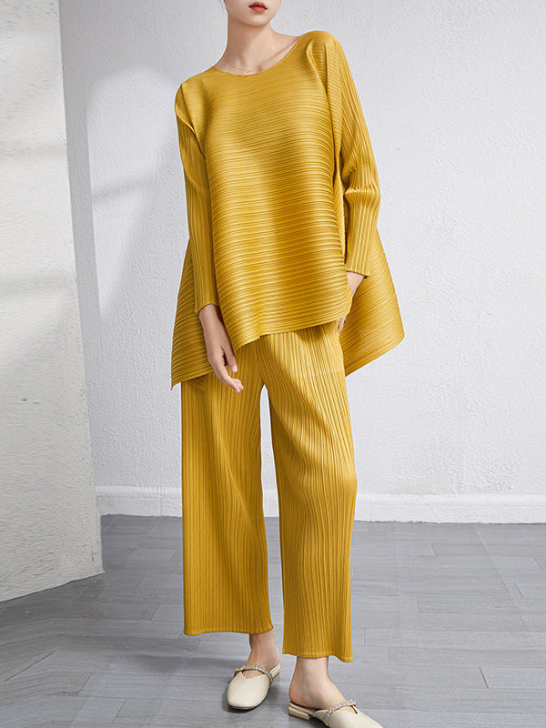 Ensemble deux pièces ample plissé à ourlet plongeant, à col rond, couleur unie – t-shirt + pantalon