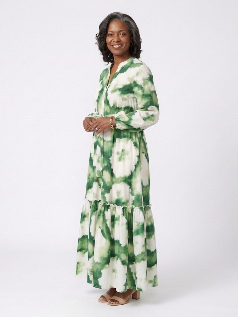 Sabine | Robe maxi à manches longues avec ceinture et jupe à volants