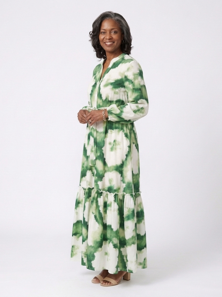 Sabine | Robe maxi à manches longues avec ceinture et jupe à volants