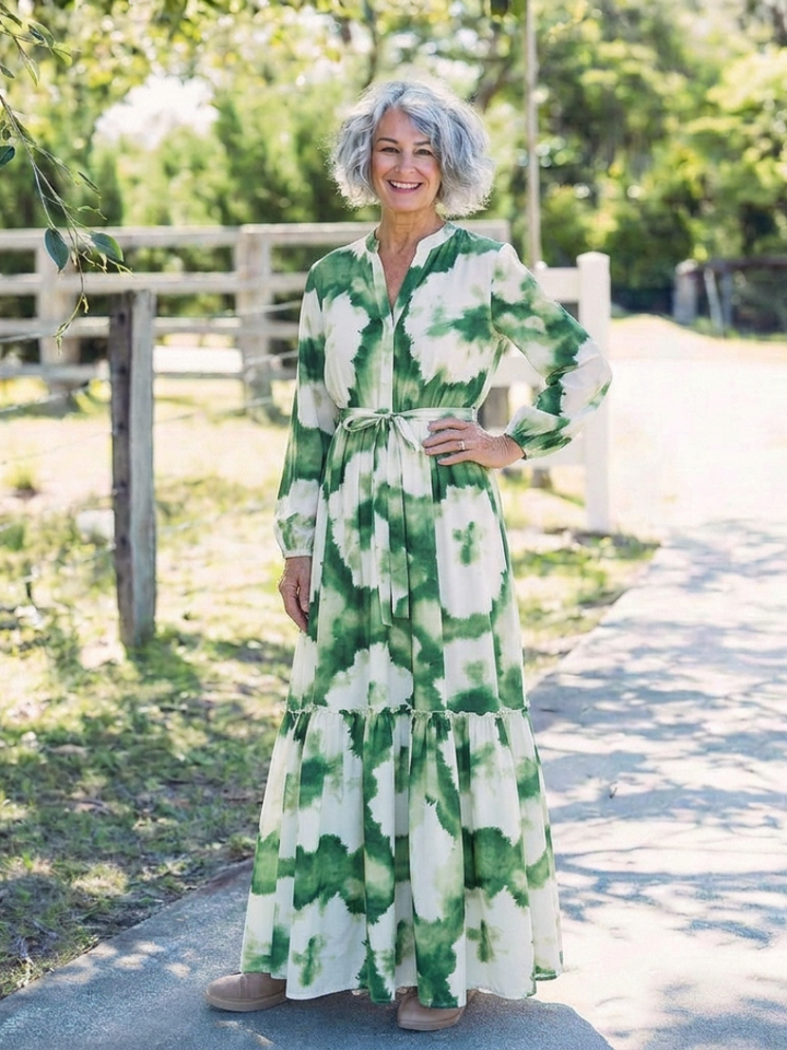 Sabine | Robe maxi à manches longues avec ceinture et jupe à volants