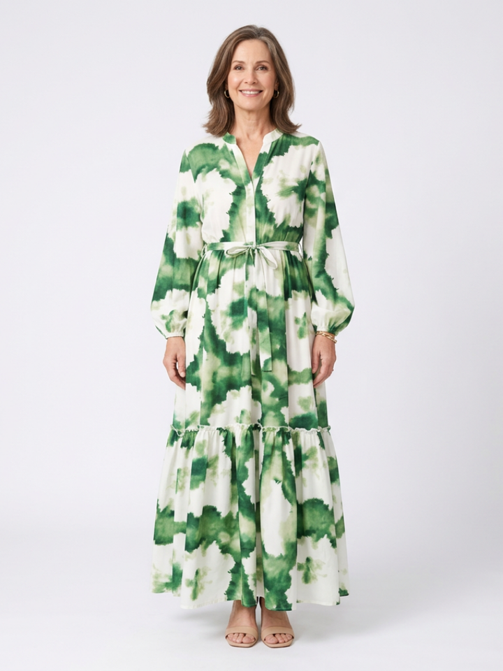 Sabine | Robe maxi à manches longues avec ceinture et jupe à volants