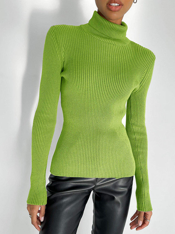 Pull à manches longues, coupe près du corps, à col haut, couleur unie