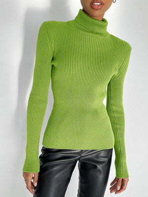 Pull à manches longues, coupe près du corps, à col haut, couleur unie