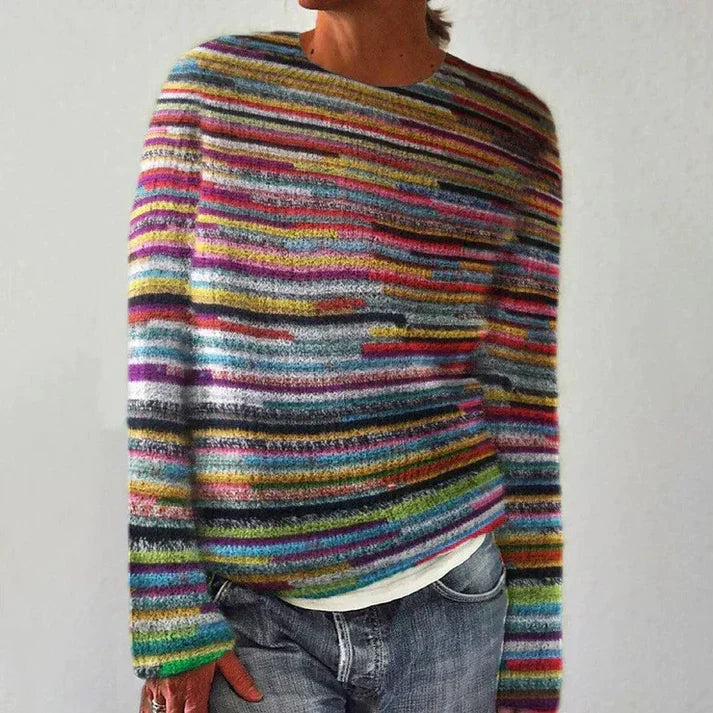 Pull en grosse maille rayé pour femmes | Col rond avec manches longues