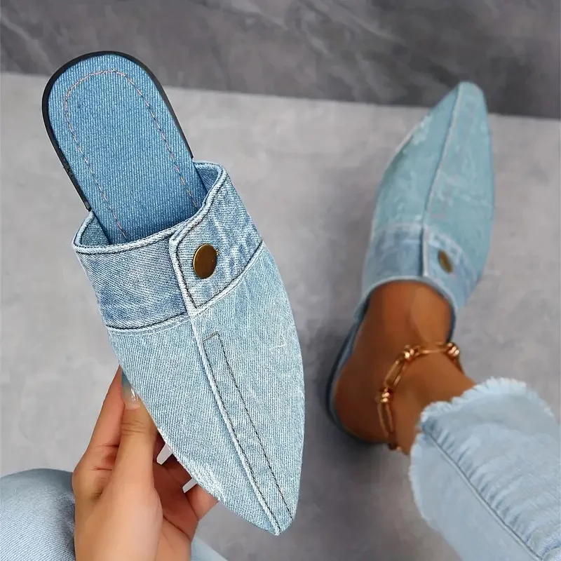 Demi | Mules en Denim pour Femmes Pointues Plates Slip-on Look Jean