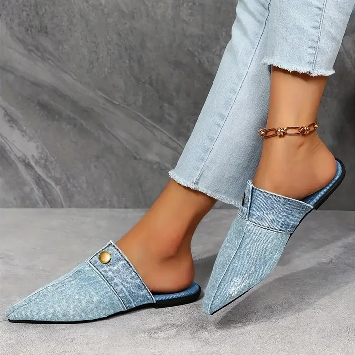 Demi | Mules en Denim pour Femmes Pointues Plates Slip-on Look Jean