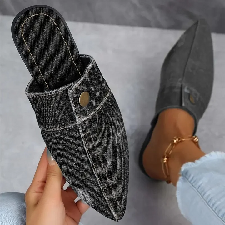 Demi | Mules en Denim pour Femmes Pointues Plates Slip-on Look Jean