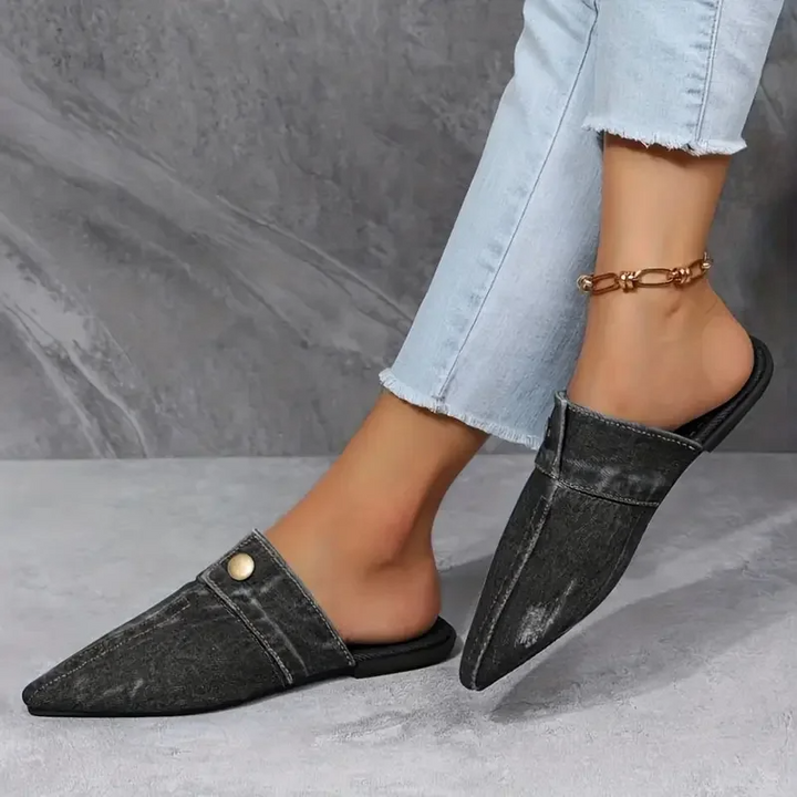 Demi | Mules en Denim pour Femmes Pointues Plates Slip-on Look Jean