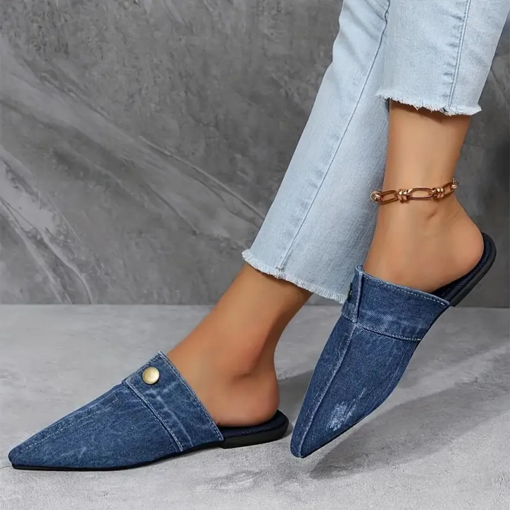 Demi | Mules en Denim pour Femmes Pointues Plates Slip-on Look Jean