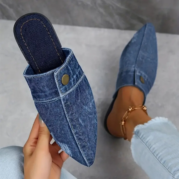 Demi | Mules en Denim pour Femmes Pointues Plates Slip-on Look Jean
