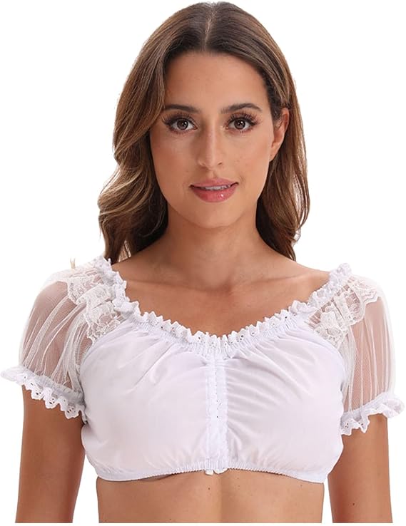 Blouse blanche pour dames Dirndl Oktoberfest | Manches courtes avec dentelle