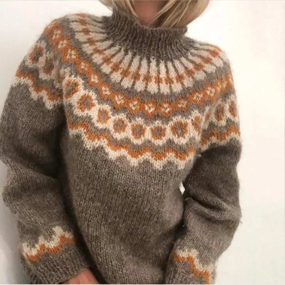 Pull en grosse maille norvégien pour femmes | Manches longues col roulé