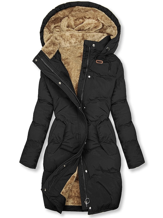 Veste d'hiver femme doublée avec capuche | Longue avec fermeture éclair et boutons