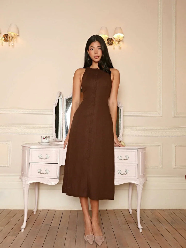 Robe Midi Sans Manches Ariane avec Boutons