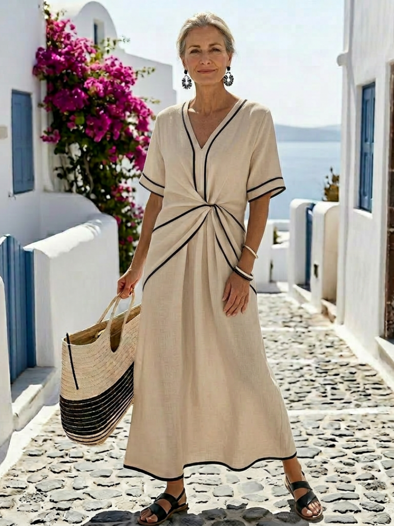 Linnea | Robe Midi Femme Taille Froncée Décolleté en V