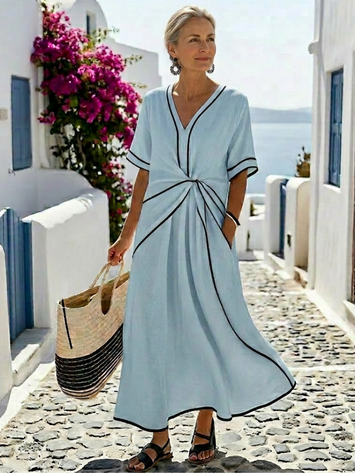 Linnea | Robe Midi Femme Taille Froncée Décolleté en V