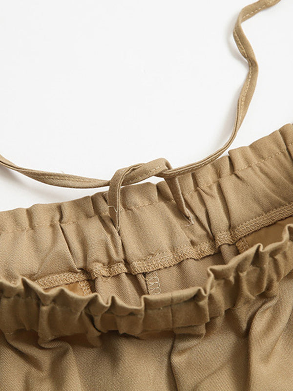 Pantalon taille haute à jambes larges, élastique, couleur unie, à empiècements, large côté