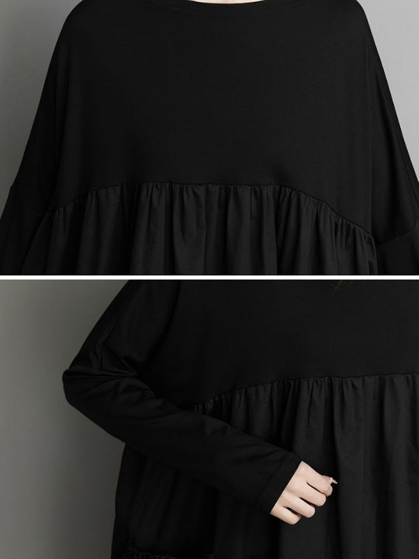 Robe mi-longue simple ample noire à empiècements, à manches longues