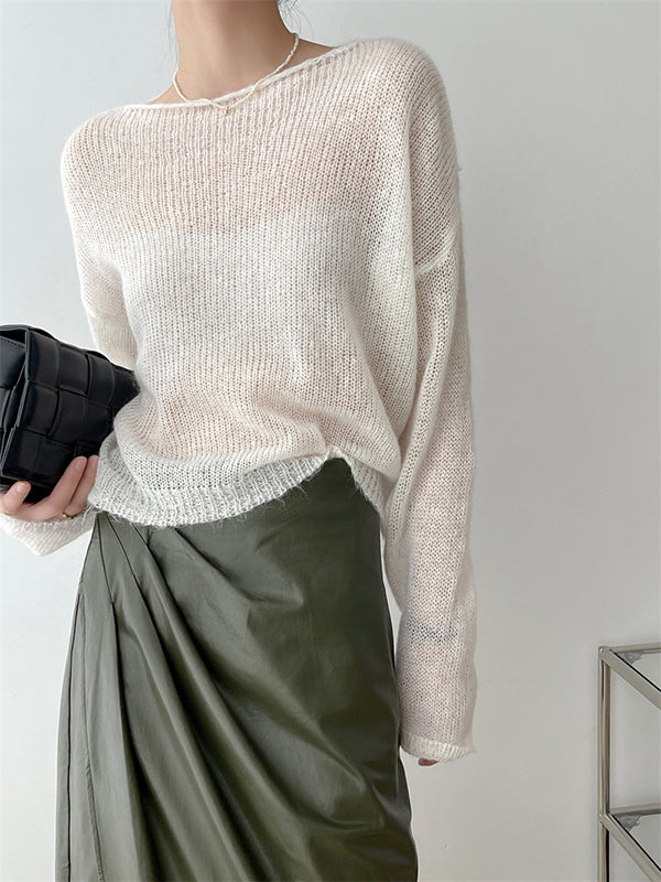 Pull fin tricoté en Mohair doux, manches longues, couleur unie, hauts fins