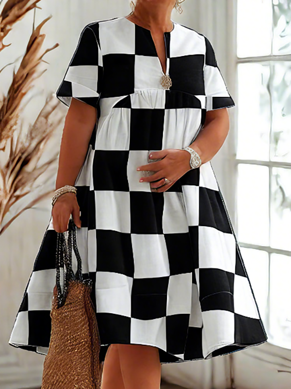 Robe chemise ample plissée à manches courtes, à carreaux, à col en V, couleur contrastée
