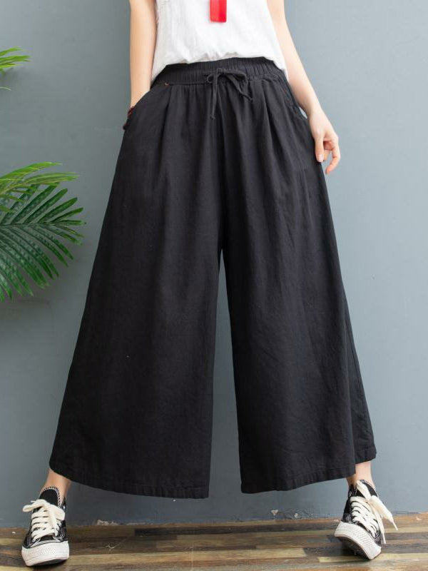 Pantalon simple ample décontracté à jambes larges, à cordon de serrage, couleur unie