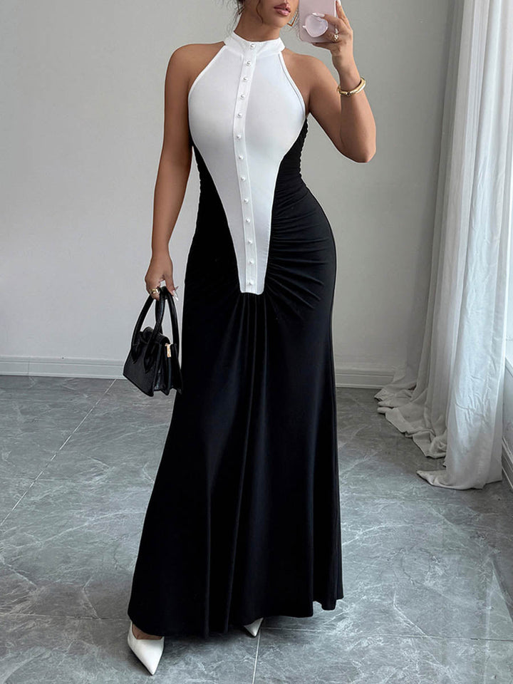 Robe longue boutonnée plissée taille haute, sans manches, à empiècements, à col licou, couleur contrastée